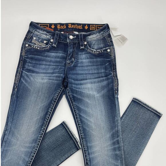 New ROCK REVIVAL Jeans Size 26 Kerra Easy Skinny Embellished Bling Y2K Jeans - Picture 3 of 9